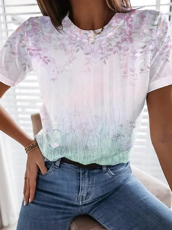 Women's Floral Spring Print Round Neck Casual Short Sleeve T-Shirt