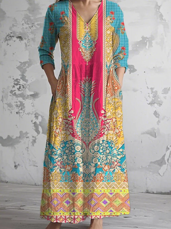 V Neck Casual Jersey Ethnic Dress With No