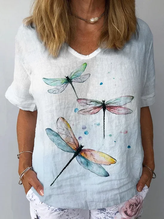 Women's Short Sleeve Blouse Summer As Picture Dragonfly Cotton Crew Neck Daily Going Out Casual Top