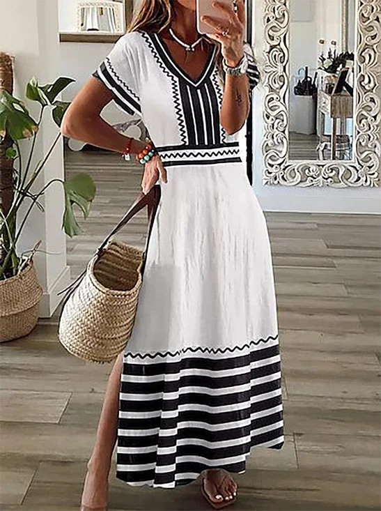Women's Striped Spring Print V-Neck Short Sleeve Slit Dress