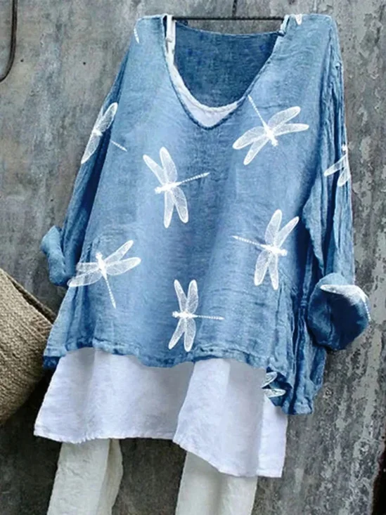 Vintage Dragonfly Cotton V Neck T-Shirt