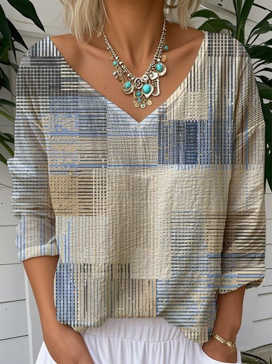 Print Casual V Neck Long Sleeve T-Shirt