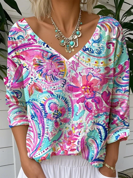 Print Casual V Neck Long Sleeve T-Shirt