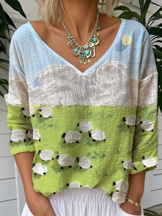 Print Casual V Neck Long Sleeve T-Shirt