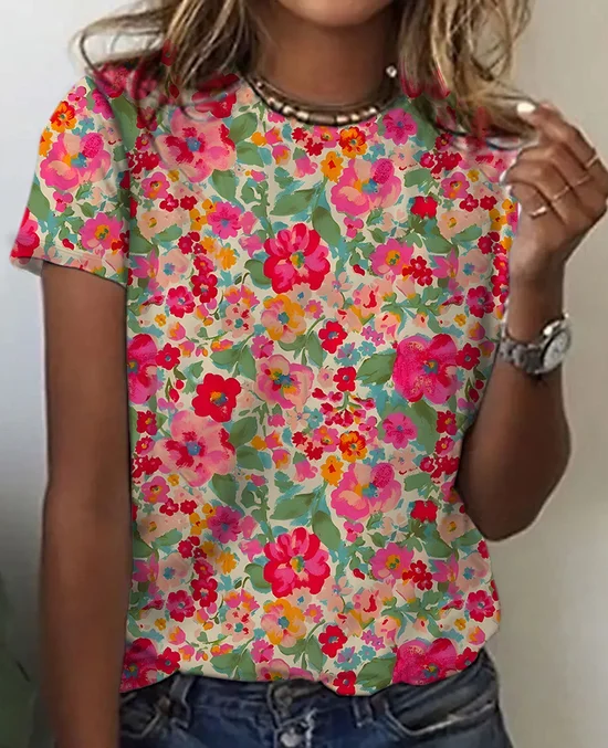 Women's Art Floral Print Cotton T-Shirt