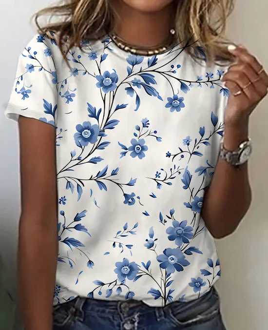 Women's Art Floral Print Cotton T-Shirt