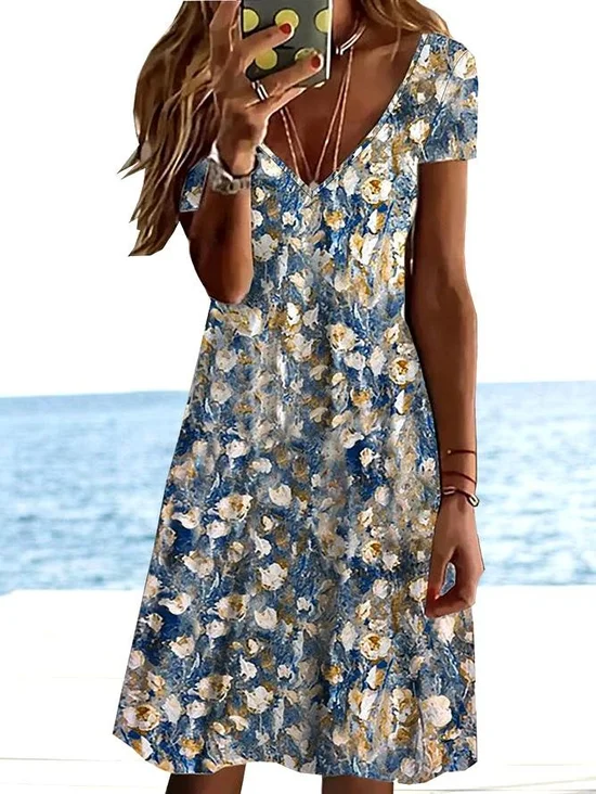 Women Casual Floral Summer Micro-Elasticity Daily Midi A-Line Regular No Dresses