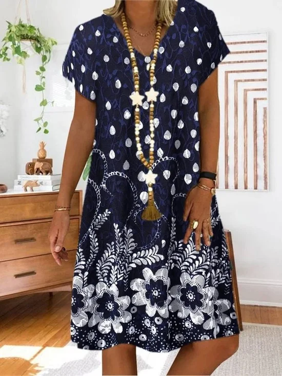 Floral V Neck Casual Regular Fit Dress With No