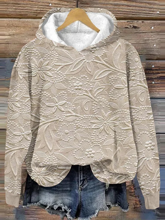 Retro floral art printed casual hoodie