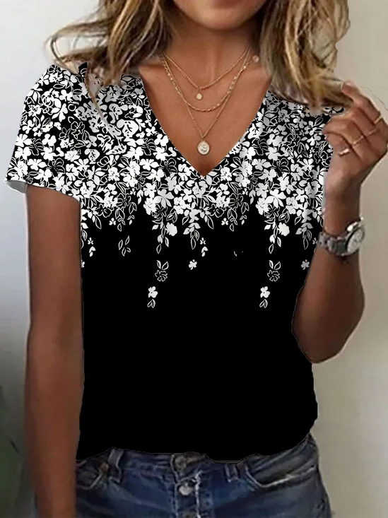 Women's Floral Print Casual V-Neck Short Sleeve T-Shirt