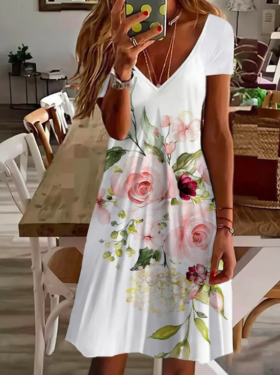 Women's Floral Spring Print Casual V Neck Short Sleeve Dress