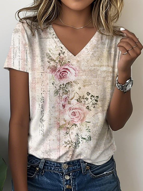 Loose V Neck Striped Casual T-Shirt