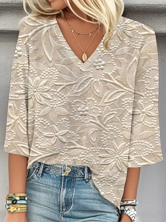Casual 3D Printing V Neck Loose Blouse