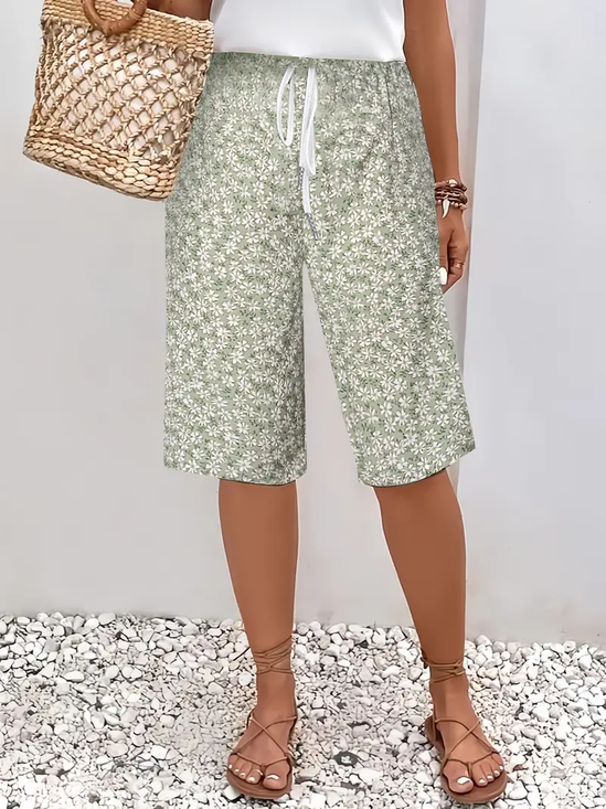 Women's Spring and Summer Floral Print Casual Straight Tie Cropped Pants