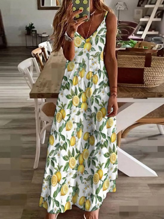 Vacation Regular Fit V Neck Lemon Dress With No