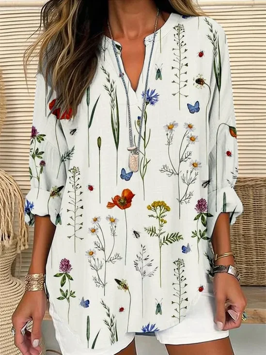 Women's Spring Summer Floral Print Casual Long Sleeve V-Neck Shirt