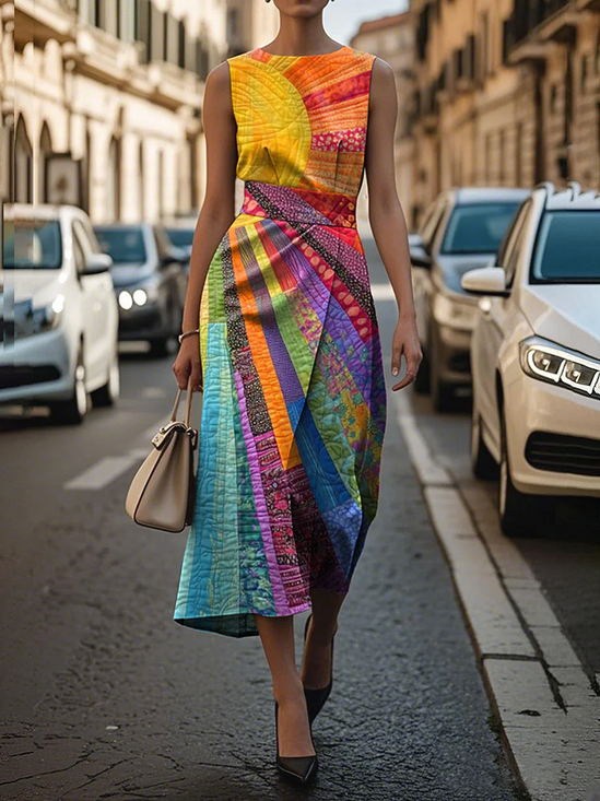Women's Sleeveless Summer As Picture Hippie Printing Crew Neck Daily Going Out Vintage Maxi H-Line Shift Dress Dress