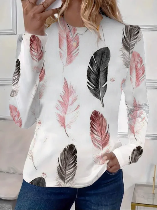 Women's Feather Print Spring Casual Round Neck Long Sleeve T-Shirt