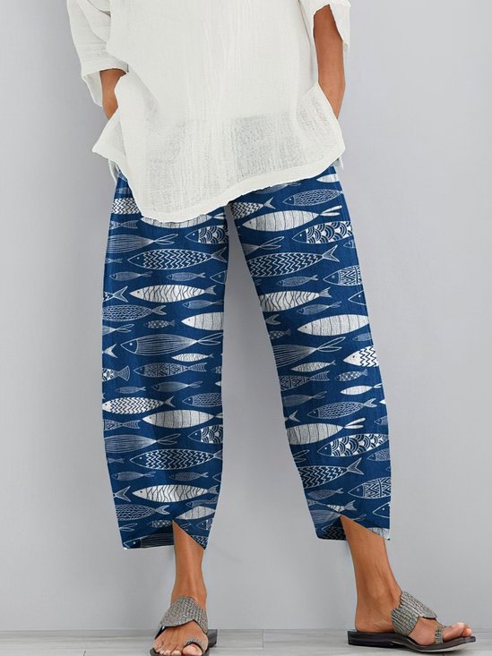 Casual Regular Fit Animal Linen Pants
