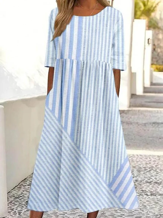 Crew Neck Loose Casual Multicolor Block Dress With No