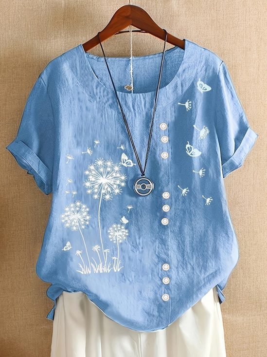 Women's Short Sleeve Shirt Summer Green Floral Printing Crew Neck Daily Going Out Casual Top
