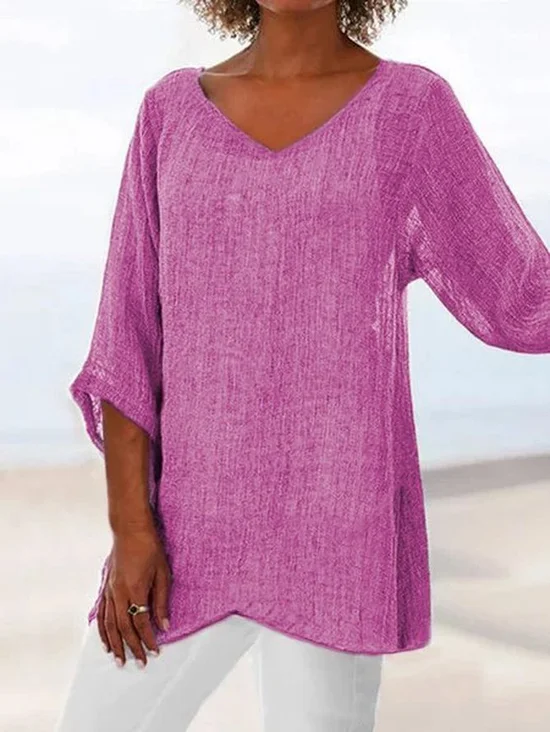 V neck Linen Plain Casual Asymmetric 3/4 Sleeve Plain Top