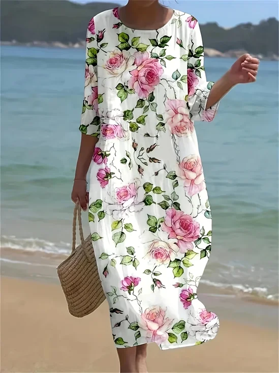 Women's Floral Print Spring Crew Neck Dress