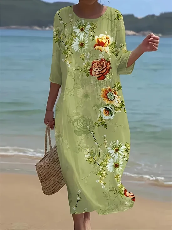 Women's Floral Print Spring Crew Neck Dress