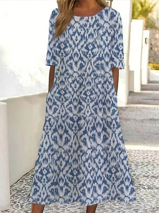 Women's Short Sleeve Summer Blue Floral Printing Crew Neck Daily Going Out Casual Maxi H-Line Shift Dress Dress
