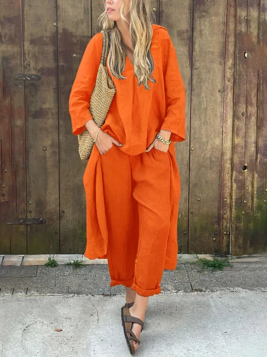 Women Casual Plain Summer V neck Lightweight No Elasticity Daily Pullover Top With Pants Two-Piece Sets