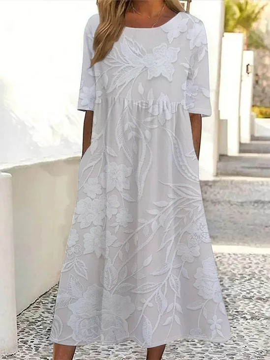 Women's Short Sleeve Summer White Floral Printing Crew Neck Daily Going Out Casual Maxi H-Line Shift Dress Dress