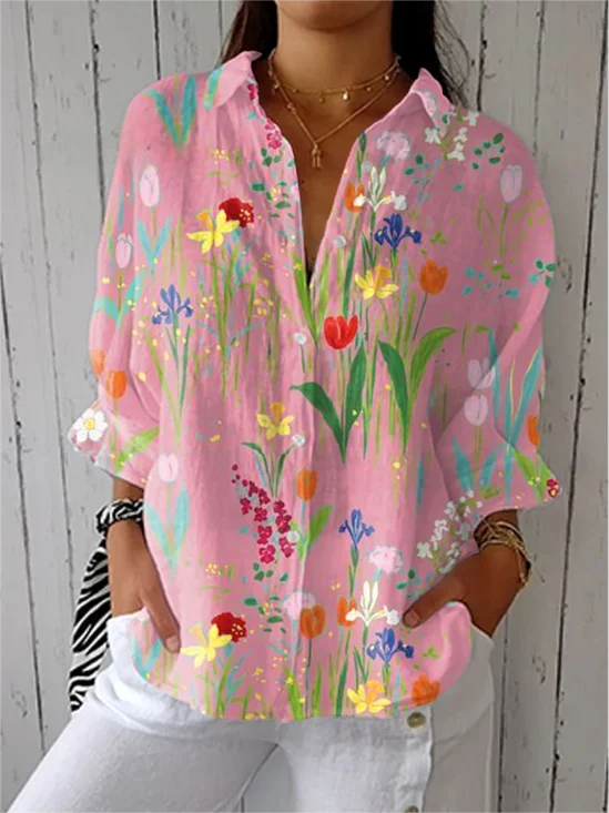 Women's Retro Floral Print Casual Cotton And Linen Shirt