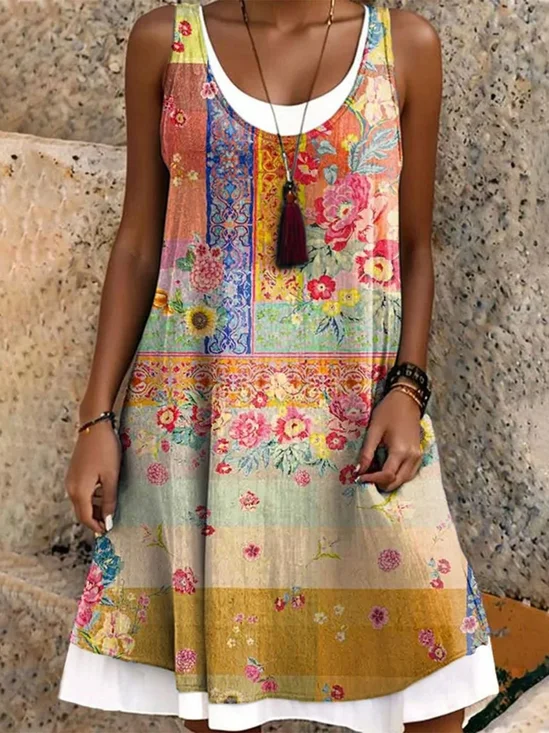 Crew Neck Regular Fit Boho Dress With No
