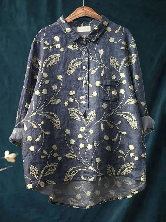 Women's Floral Spring Print Casual Half Collar Button-Down Shirt