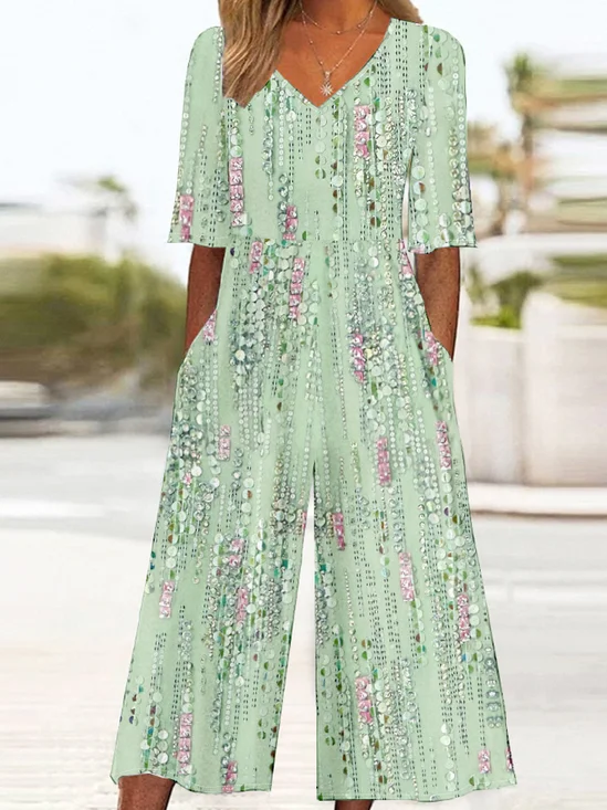 Gradient Pattern Loose Vintage V Neck Jumpsuit