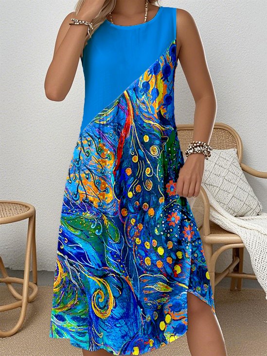 Simple Crew Neck Psychedelic Art Dress With No