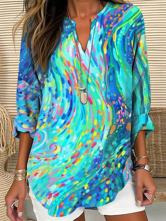 Abstract Geometry Cotton Casual Blouse
