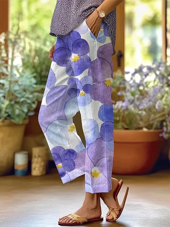 Casual Linen Floral Regular Fit Pants