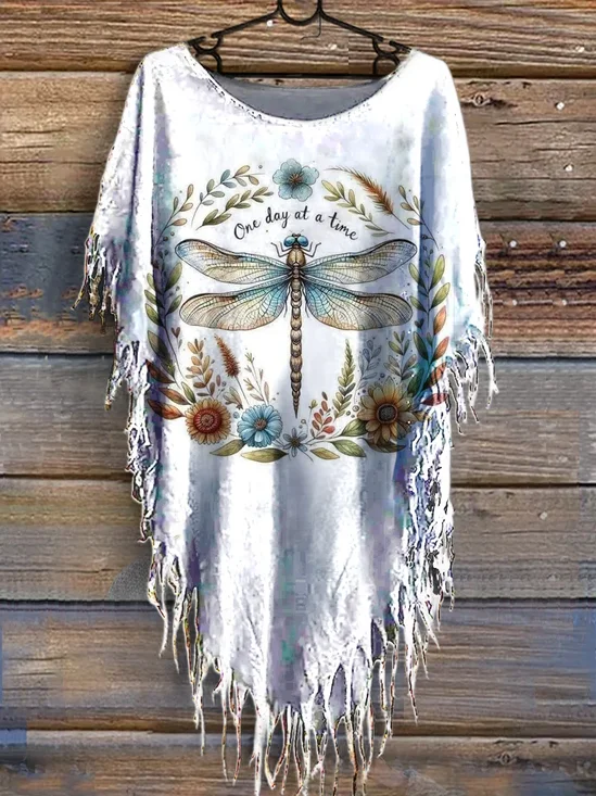 Women's Dragonfly Pattern Art Print Batwing Tassel Fringe Cape Shirt