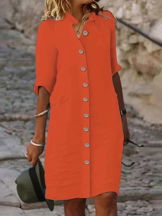 Casual Plain Button Stand Collar Midi Dress