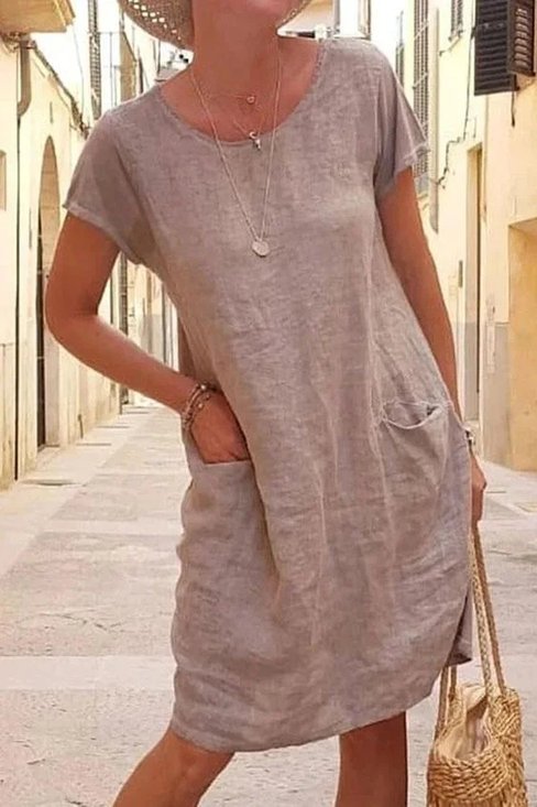 Casual Solid Color Patchwork Pocket Short Sleeve Dress