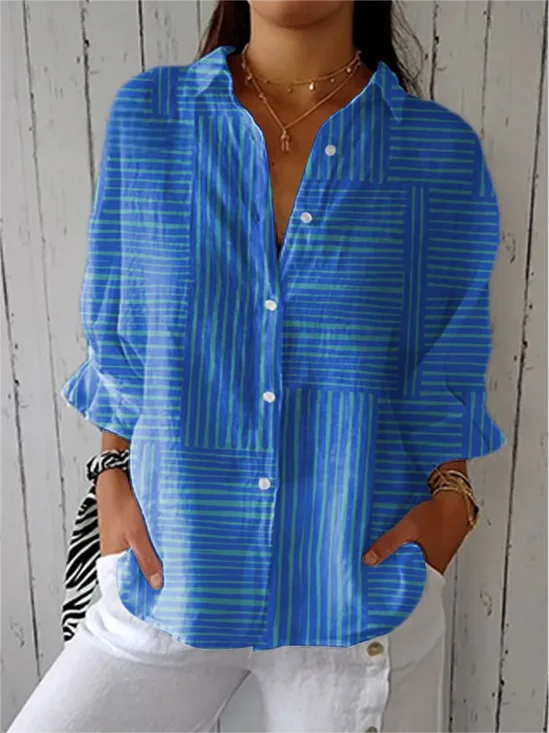 Vintage Hand Painted  Casual Linen V Neck Shirt