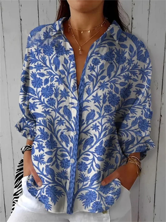 Vintage Hand Painted Floral Art Print Casual Linen V Neck Shirt