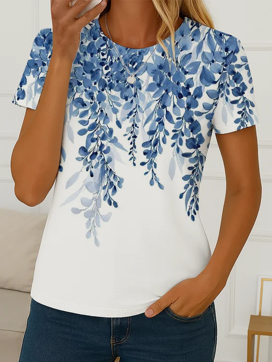 Women's Floral Print Casual Crew Neck Short Sleeve T-Shirt