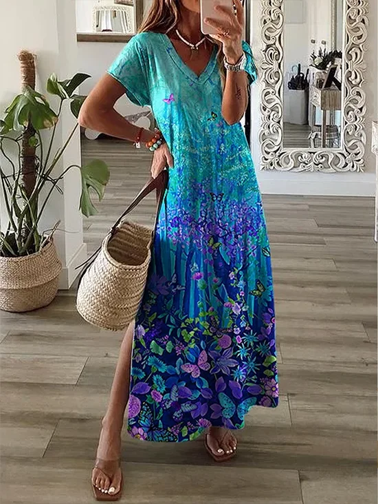 Women's Floral Print Casual V-Neck Short Sleeve Dress