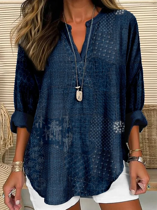 Shawl Collar Cotton Simple Blouse