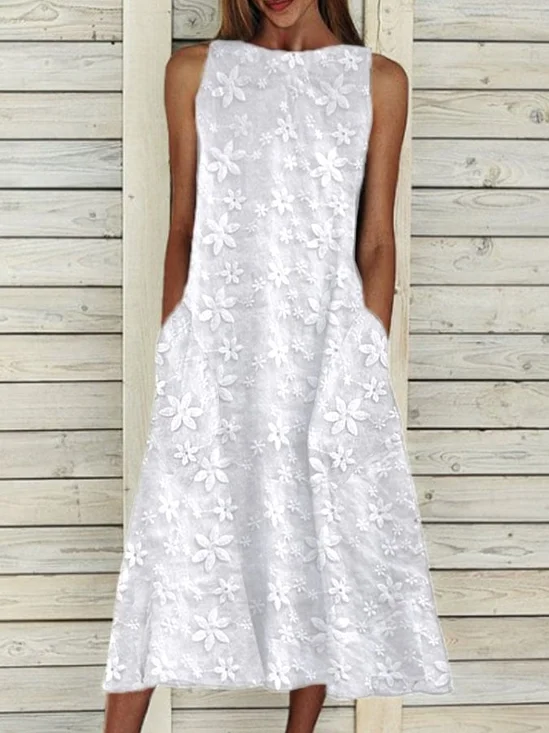 Women's Sleeveless Summer White Floral Printing Crew Neck Daily Going Out Casual Maxi H-Line Fit & Flare Dress Dress