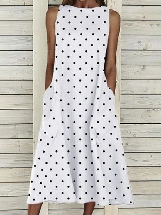 Women's Sleeveless Summer White Polka Dots Printing Crew Neck Daily Going Out Casual Maxi H-Line Fit & Flare Dress Dress