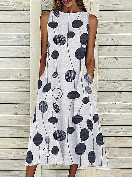 Women's Sleeveless Summer White Abstract Polka Dots Printing Crew Neck Daily Going Out Casual Maxi H-Line Fit & Flare Dress Dress