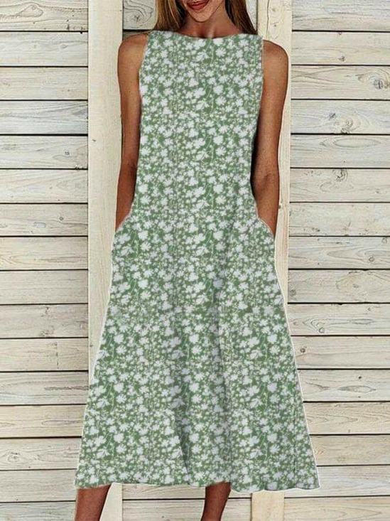 Women's Sleeveless Summer Green Floral Printing Crew Neck Daily Going Out Casual Maxi H-Line Fit & Flare Dress Dress